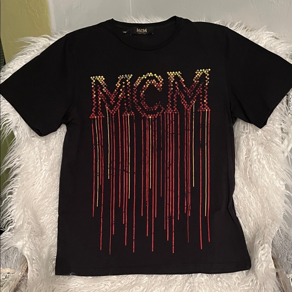 MCM Black Tee with Vibrant Red and Yellow Design
